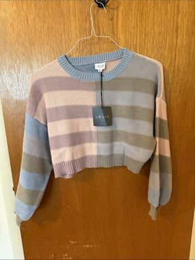 Le Lis Striped Cropped Crewneck Sweater - Pink, Blue & Taupe
